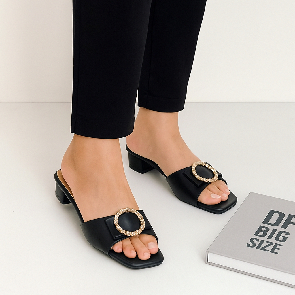 BIG SIZE - Sandal Wanita Hitam Pesta Model Heels Selop Ukuran Jumbo 40 41 42 43 44 45