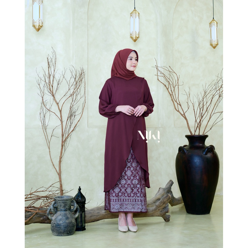 NIKI - Set Long Tunik Rok Songket - Setelan Malaysia Polos - One Set Polos
