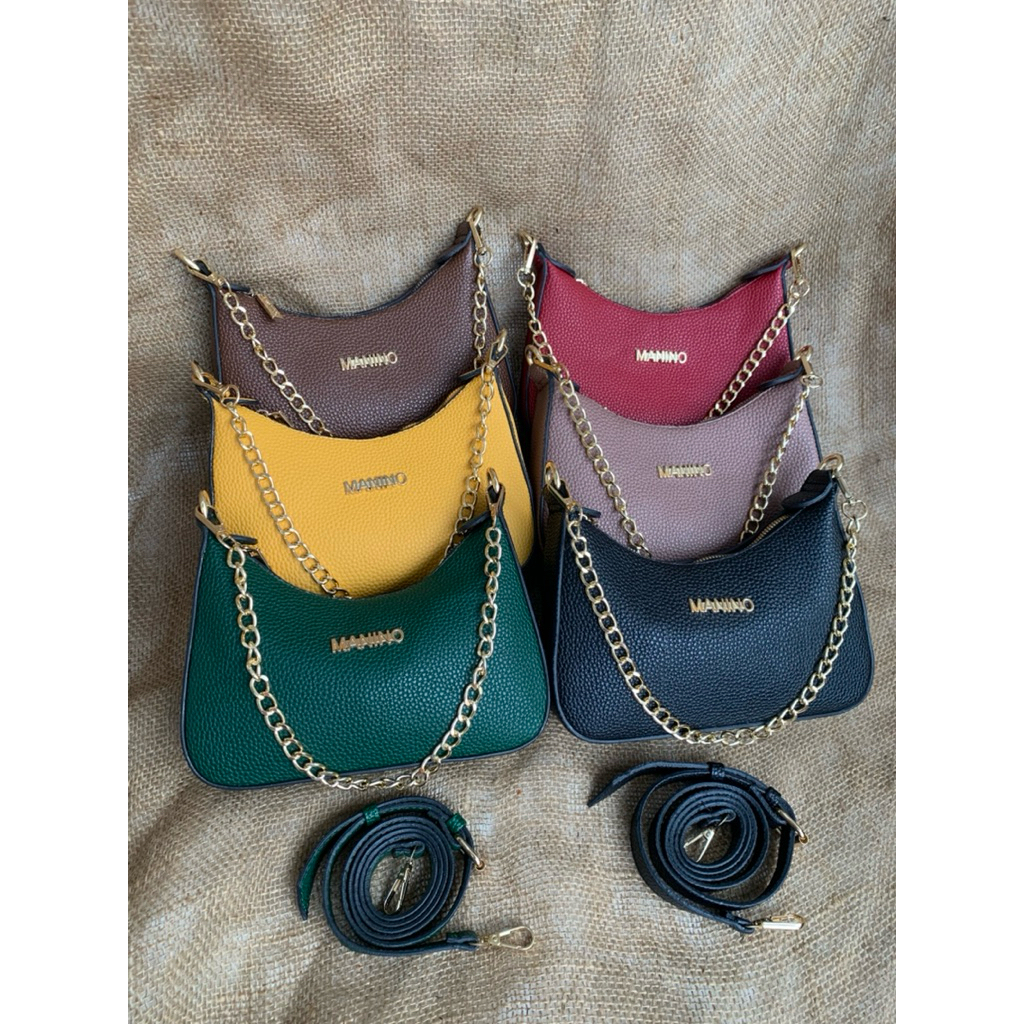 MANINO TAS SELEMPANG BAHU WANITA KULIT JERUK SUPER TALI RANTAI DAN TALI PANJANG KULIT FREE DUSTBAG