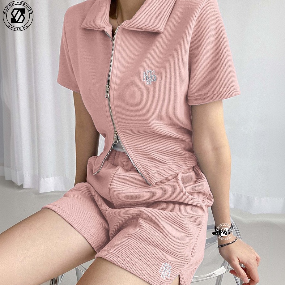 Terjangkau  SS  WANNABE Knit One Set Wanita Crop Top Zipper  Short Pants Setelan Baju Olahraga Remaj