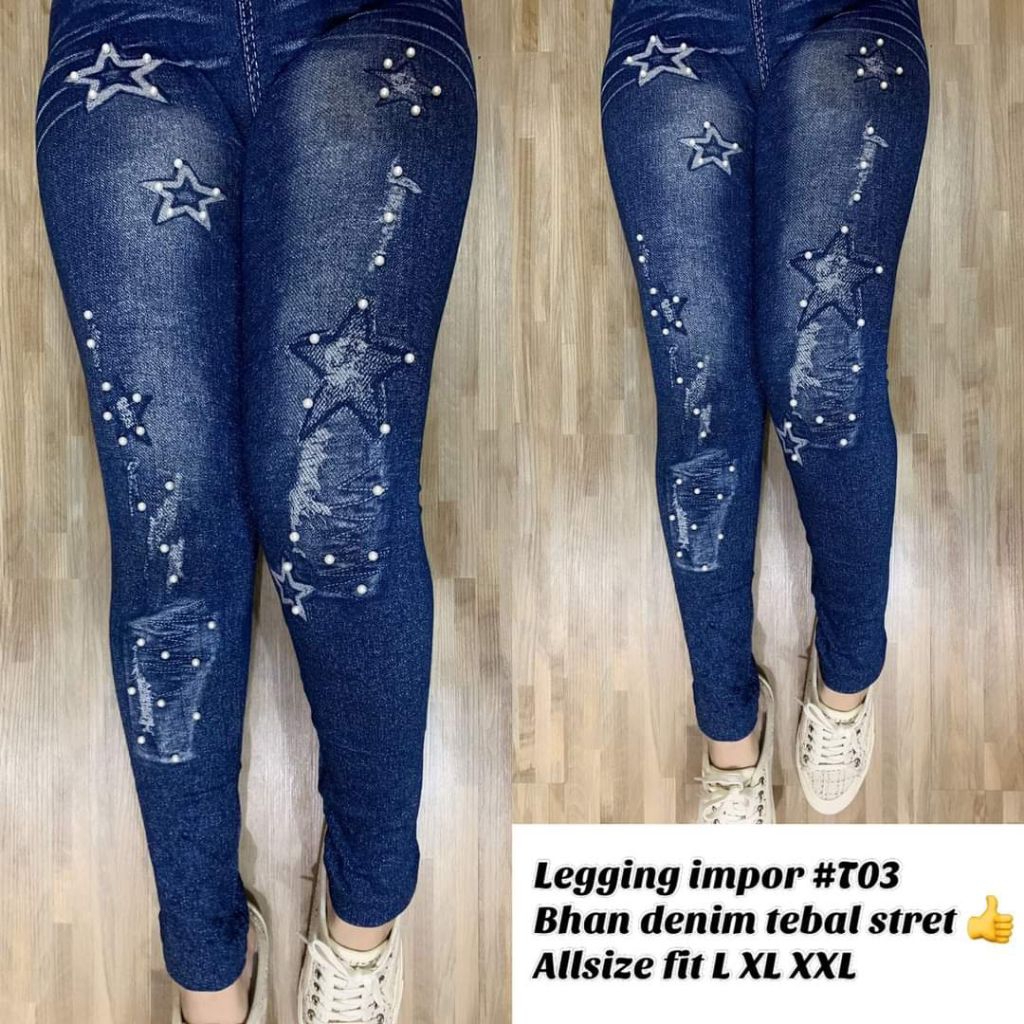 COD LEGGING HW JEANS DENIM WANITA PANJANG MOTIF STAR PEARL IMPORT FIT S-XXL BB 40-80KG