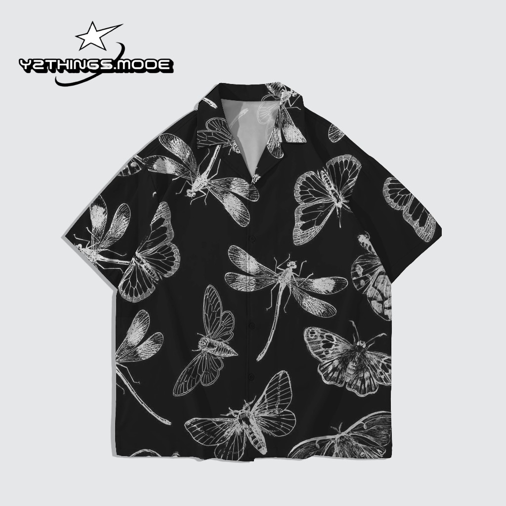 Y2THINGS Kemeja Motif Serangga Vintage – Kemeja Unisex Fullprint Aesthetic Gaya Retro Warna Hitam Pu