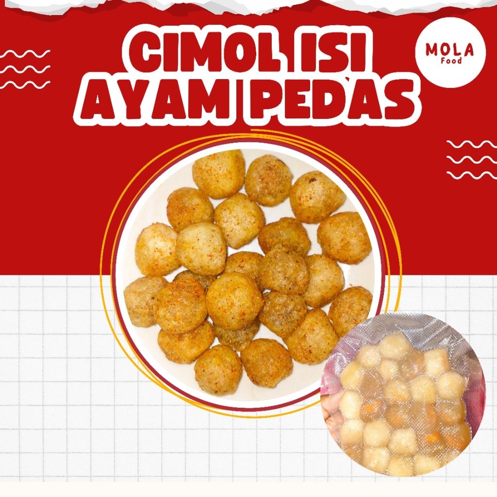 

Mola Food Cimol Isi Ayam Pedas Vacum Per Pack Isi 25 Pcs Frozen Instan Free Bubuk Cabe + Bumbu Tabur