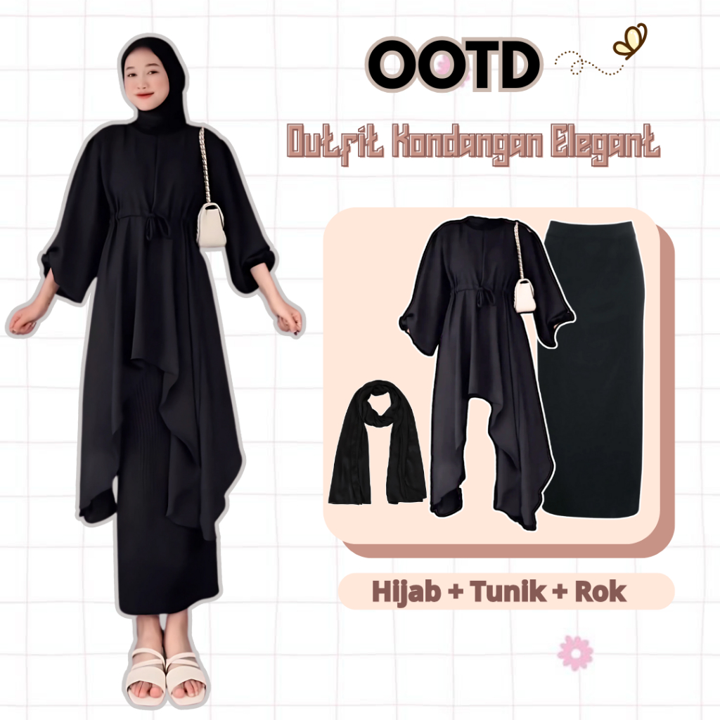 Outfit Rok Korean Style Hijab OOTD Kondangan Wanita ( Hijab + Tunik Rempel Hitam + Rok Span ) L025