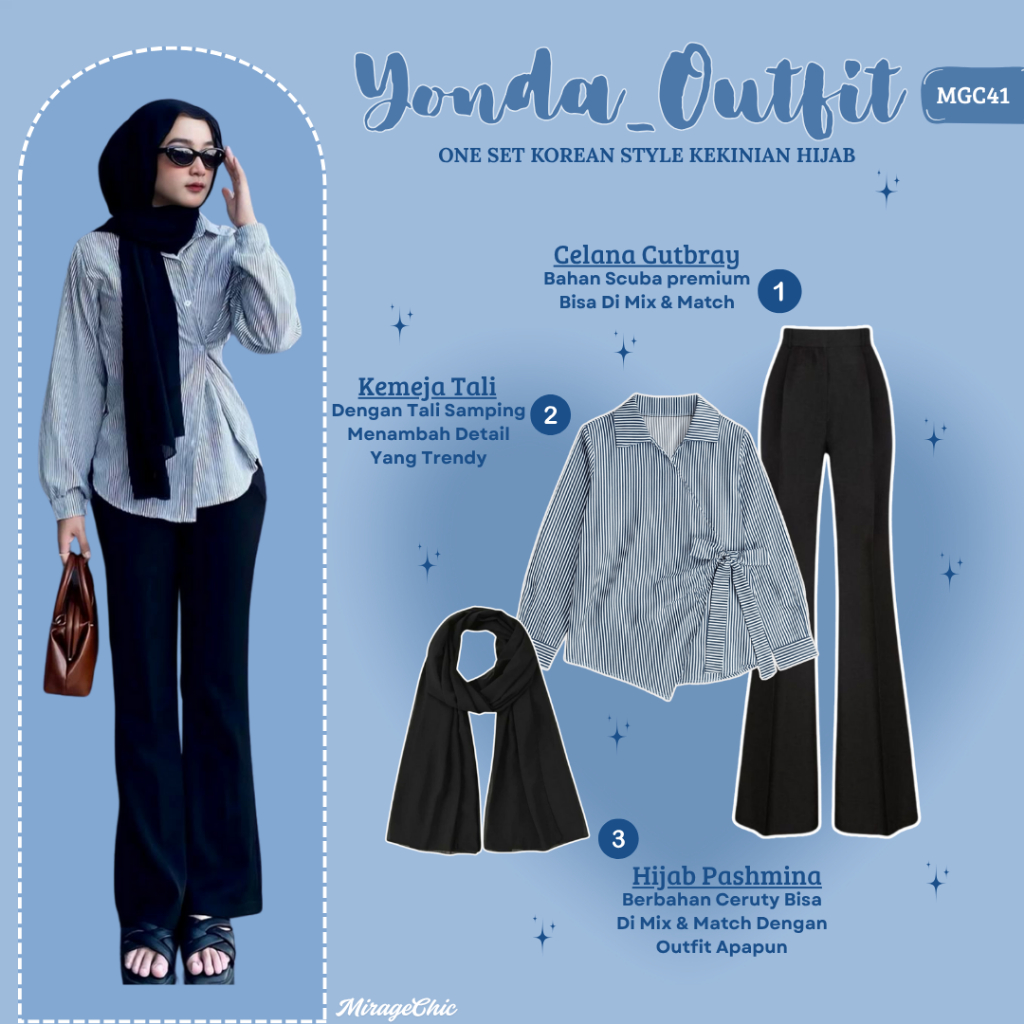 3in1 Set Pakaian Wanita | Kemeja Tali, Celana Cutbray, Hijab Pashmina Ceruty | Oneset kekinian Ootd 
