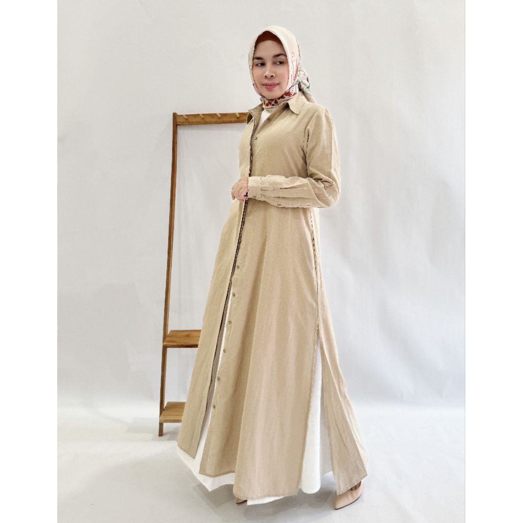 Audrey Long Shirt Tunik Wanita Casual - Tunik Panjang Kancing Depan Bahan Linen Premium