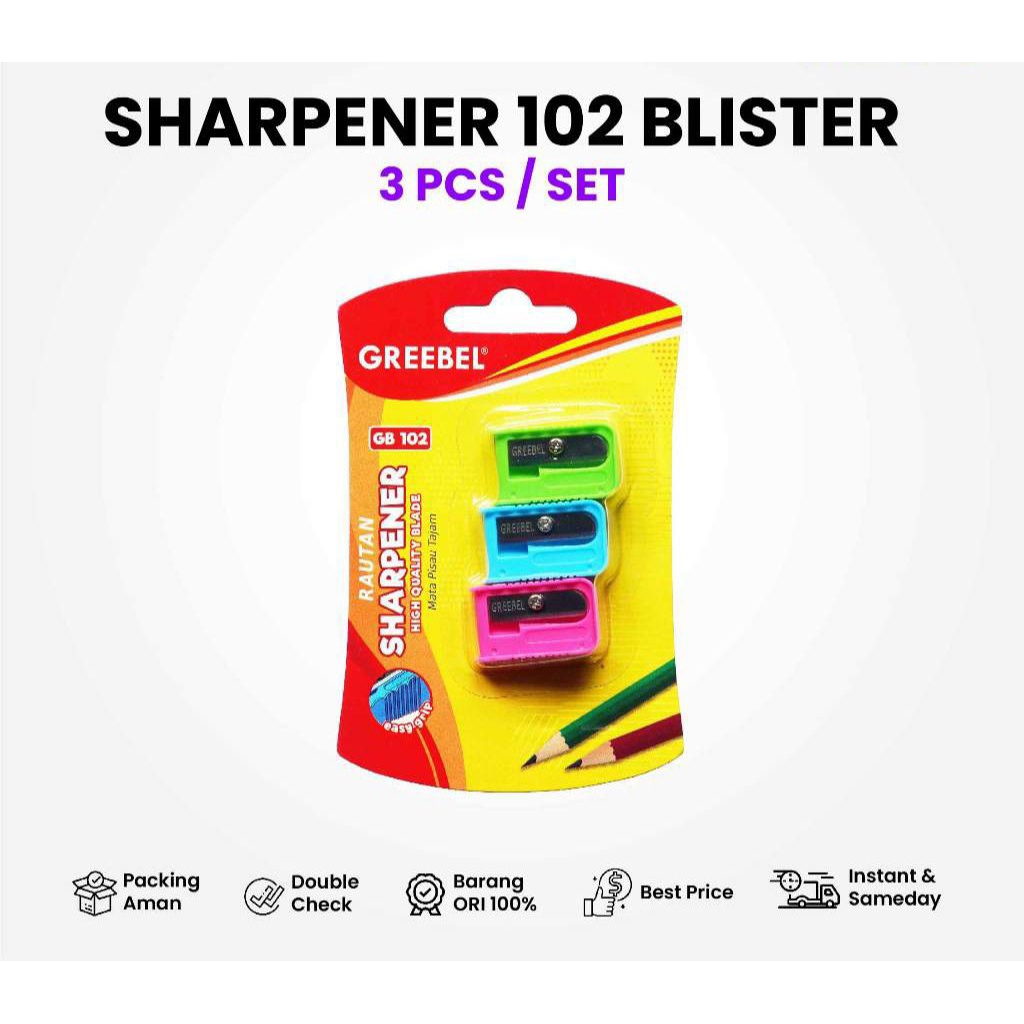 

Rautan Pensil Serutan Sharpener Greebel 102 isi 3 Pcs / Peruncing Pensil