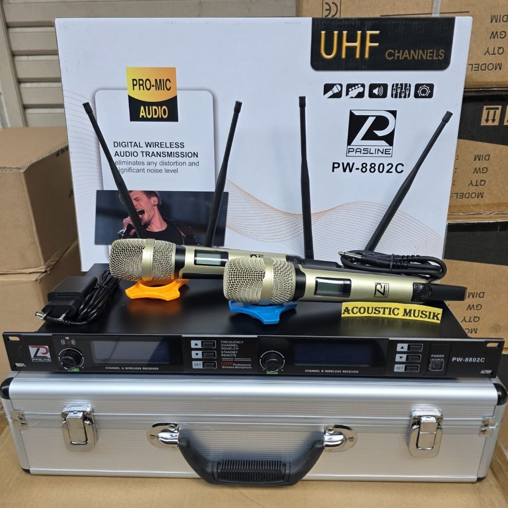 MIC WIRELEES PASLINE PW-8802C 2 MIC PEGANG/HANDHELD 4 ANTENA PLUS HARDCASE PW 8802C