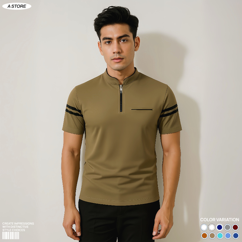 [ Terlaris ] Kaos Pria Kerah Shanghai Resleting Saku Lengan Strip - Polo Shirt Pria Gaya Korea - Kao