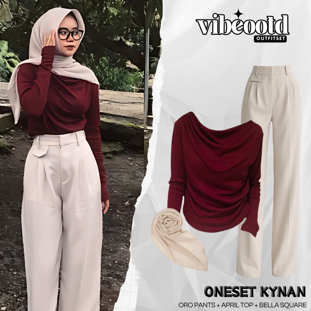 Kynan Outfit Set Wanita Hijab ( Celana Kulot Oro Pants + Atasan Blouse April Top + Bella Square ) On