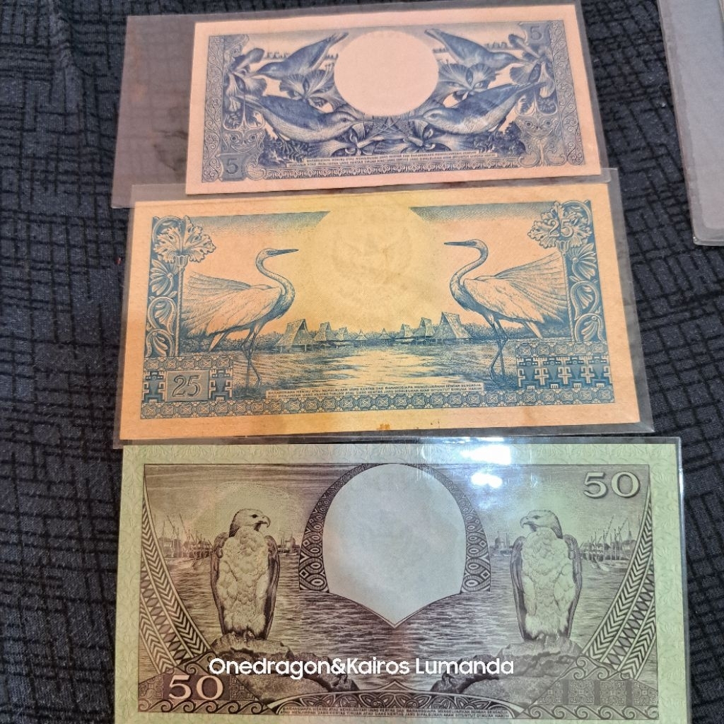 Uang Kertas Kuno 1 Set Seri Bunga 5 Rupiah, 25 Rupiah, 50 Rupiah