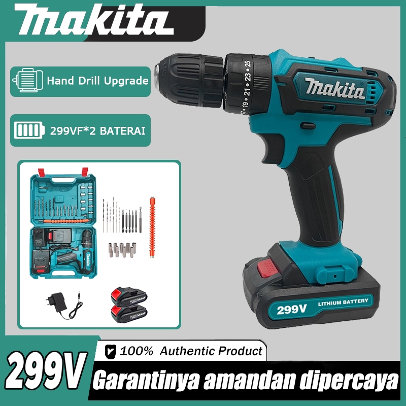 MAKITA 299V Mesin bor 2baterai cas 10mm bor listrik murah bor tangan baterai besi tembok Beton kayu 