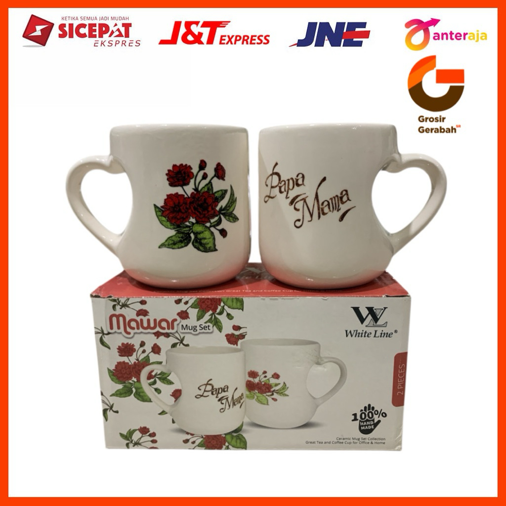 White line mug set keramik mawar set 2pcs 1082223