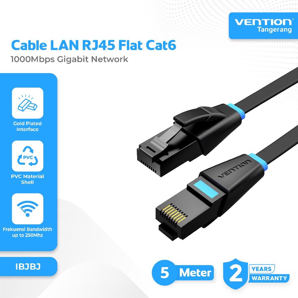 Vention Kabel LAN RJ45 Flat Cat6 UTP Patch Cable 1000Mbps Gigabit Network Cable LAN Black 5M 5 Meter