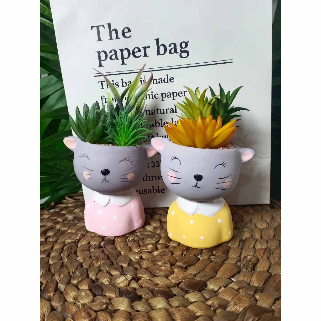 CEILO FLORIST Kaktus Sukulen Pot Karakter Kucing Lucu Artificial Premium Tebal Untuk Kado