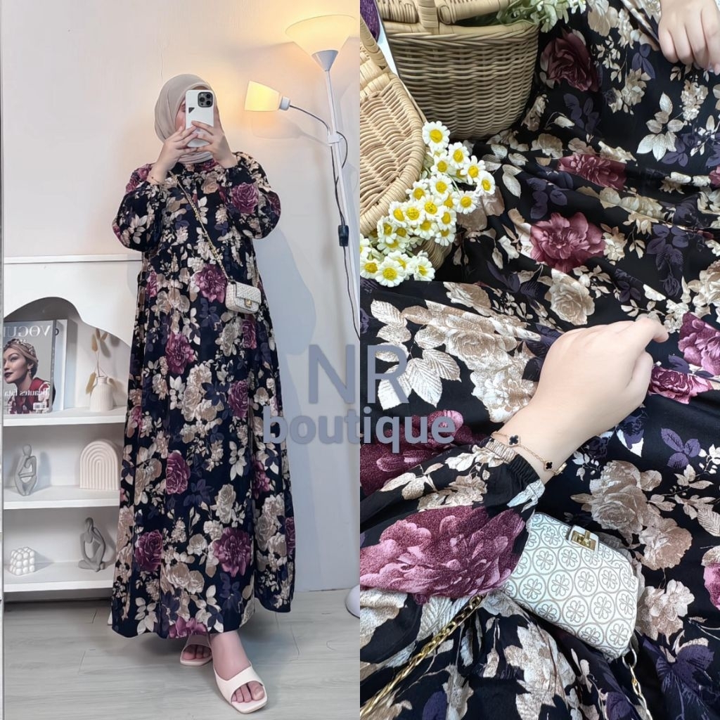Midi dress motif bunga rayon premium