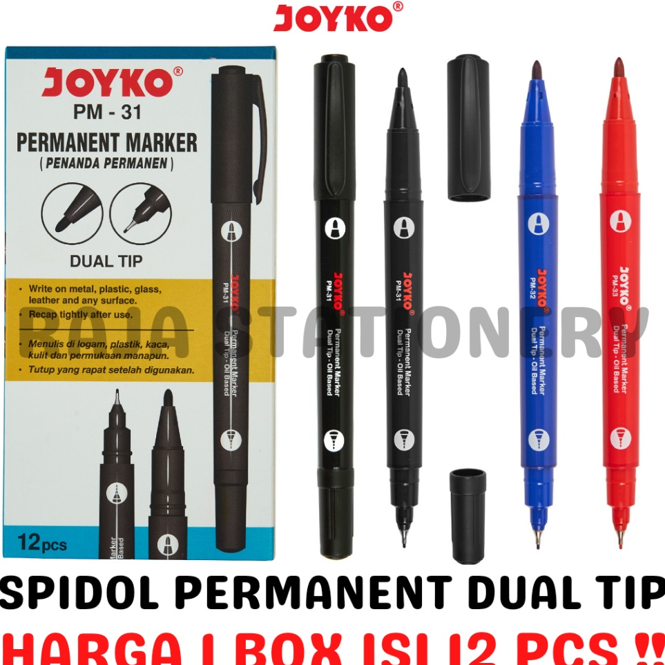 

KODE U68O JOYKO PERMANENT MARKER BLACK BLUE RED DUAL TIP SPIDOL PERMANEN JOYKO HITAM BIRU MERAH DUA UKURAN 12PCS