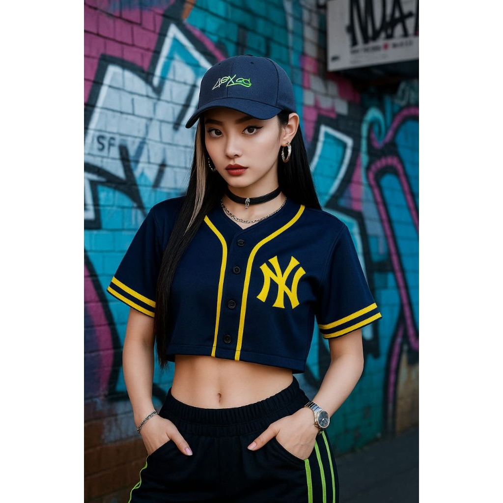 Jersey baseball crop top kancing hidup baju crop wanita