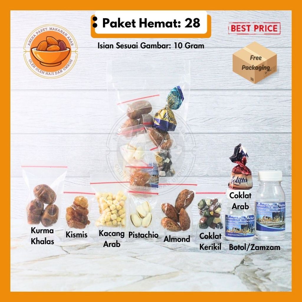 

Paket Oleh Oleh Haji dan Umroh Grosir Kemasan Standing Pouch isi 10gr + tasbih + Coklat Arab + Kacang arab