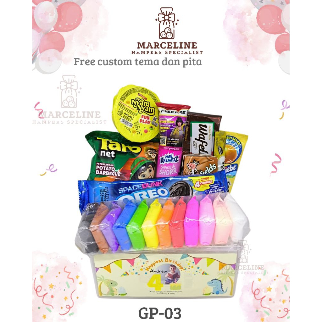 

Hampers ulang tahun anak murah. bingkisan snack hampers ulang tahun anak, free design tema Dan pita.