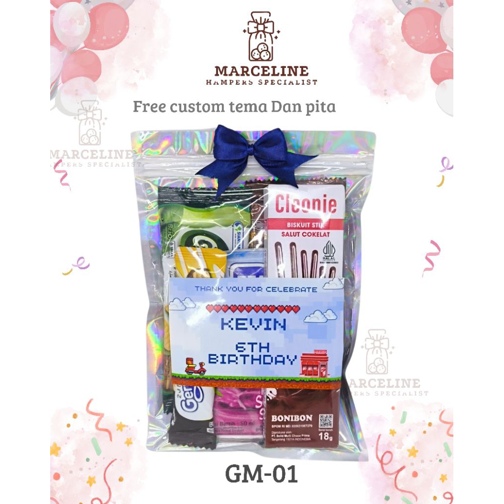 

Hampers ulang tahun anak murah. bingkisan snack ulangtahun anak bentuk pouch. free design Dan pita.