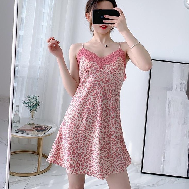 Limited COD Pink Leopard Sexy Suspender Rok Tidur Renda Wanita Dengan Bantalan Dada Tipis Panjang Ti