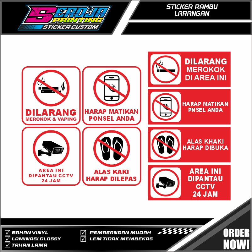 

STICKER SIGN RAMBU RAMBU / PLANG DILARANG PARKIR / DILARANG MEROKOK / HARAP MATIKAN PONSEL / STICKER STIKER RAMBU DILARANG