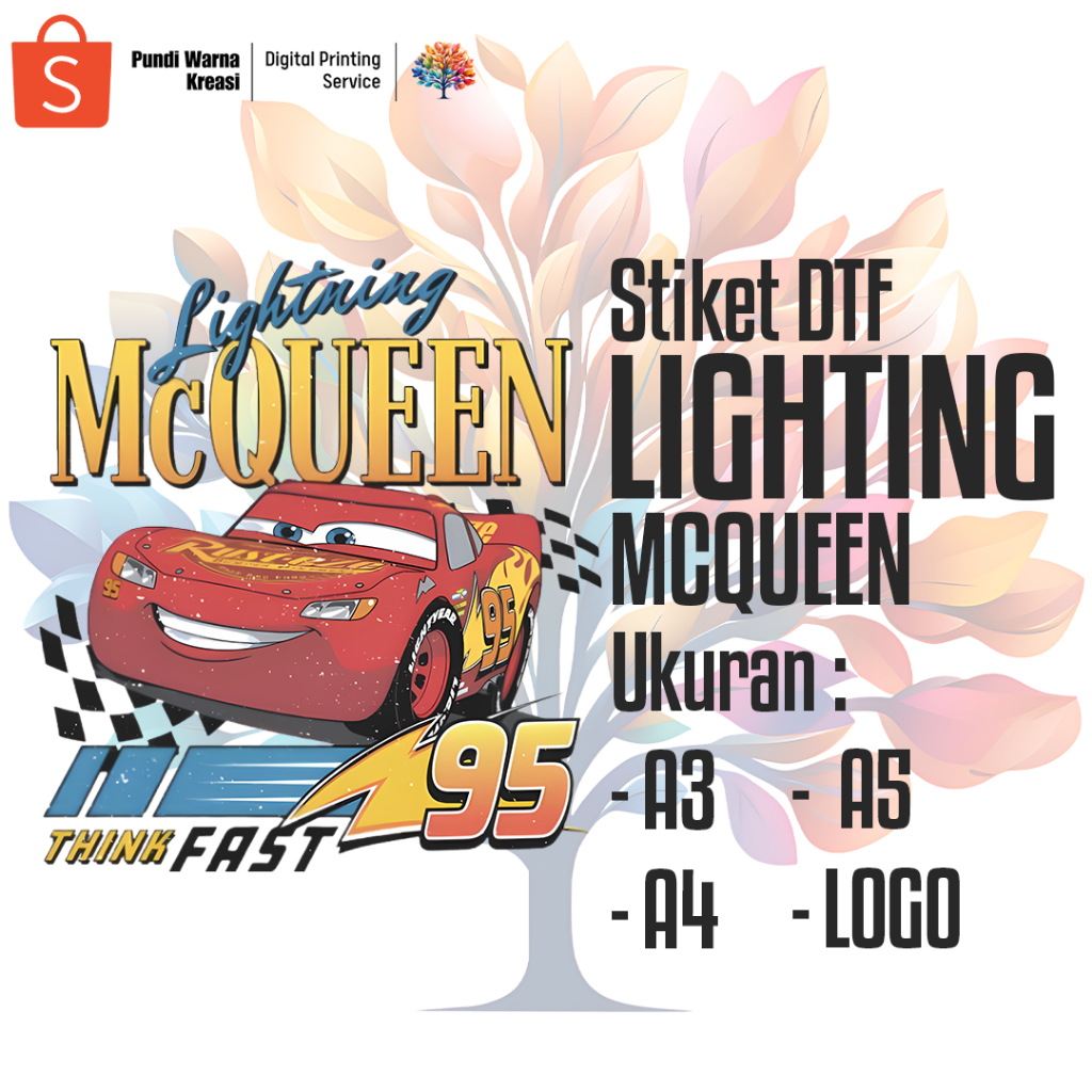 

CETAK STIKER DTF CARS - LIGHTING MCQUEEN (A3,A4,A5,LOGO)