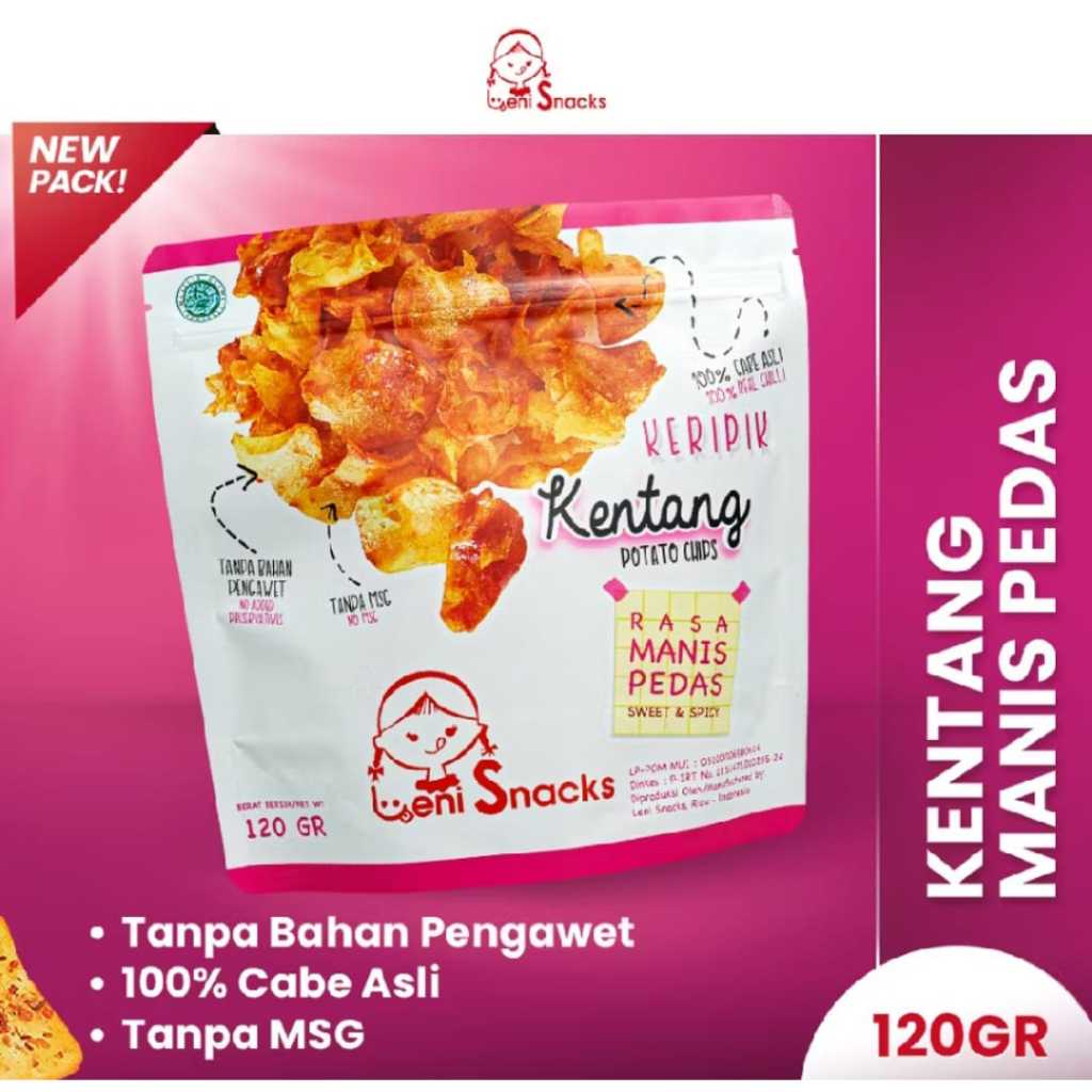 

Leni Snacks Keripik Kentang Manis Pedas Packaging Lama/Packaging Baru 120g/150g Cemilan Jadul Enak Garing Renyah Crispy Pedas Bubuk Gurih Original Halal