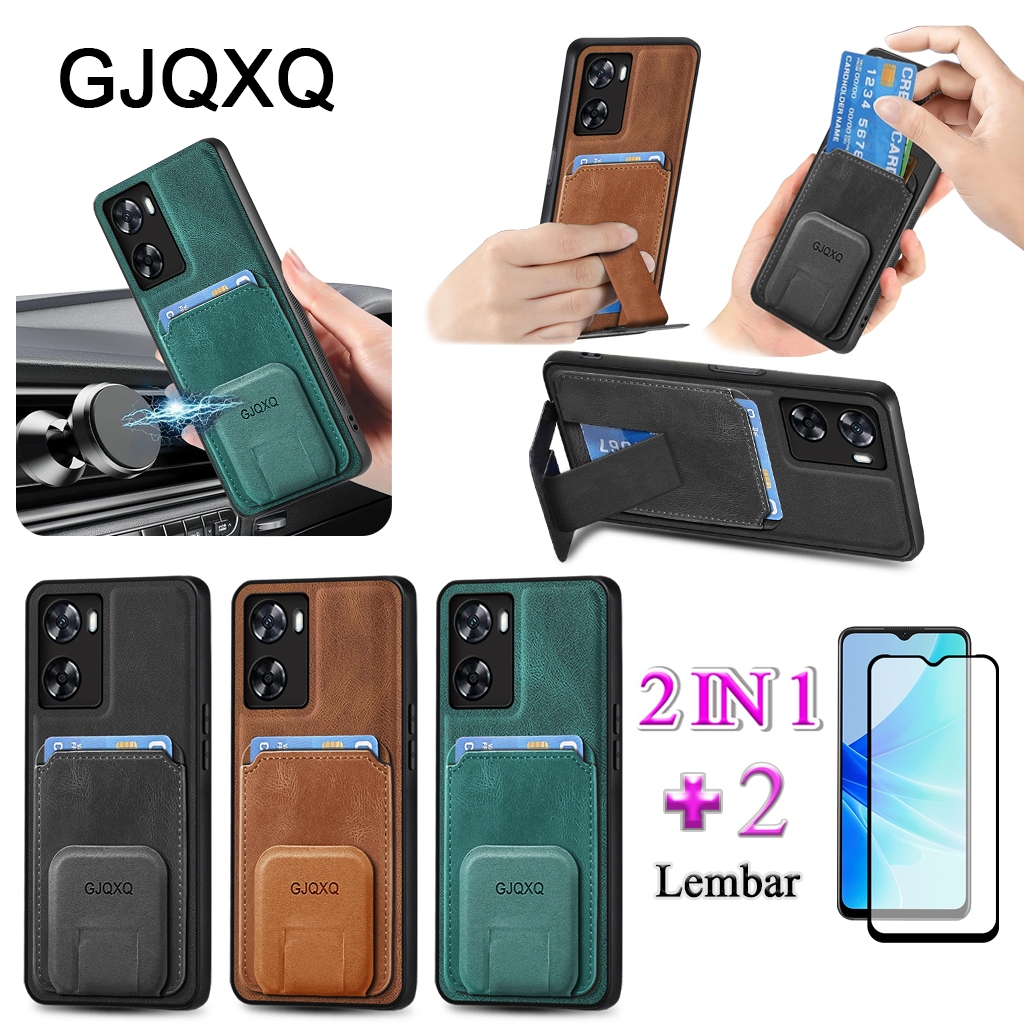 GJQXQ 2 In 1 Casing For OPPO A57 4G Dengan Bracket Deformasi dan Slot Kartu Kredit Dompet Film Keram