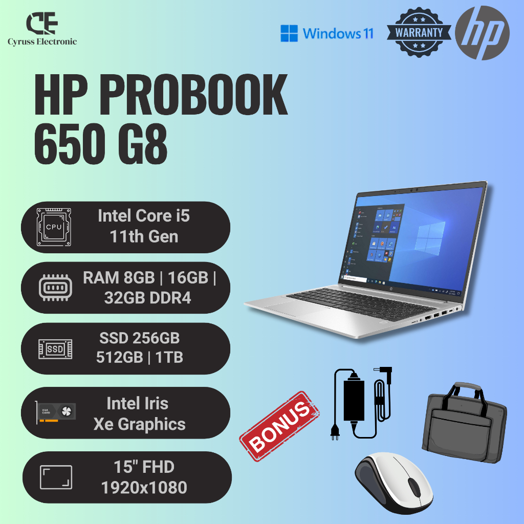 Laptop HP Probook 650 G8 Core i5 Gen 11| Ram 32GB | SSD 1TB | Layar 15" Full HD| Second & Bergaransi