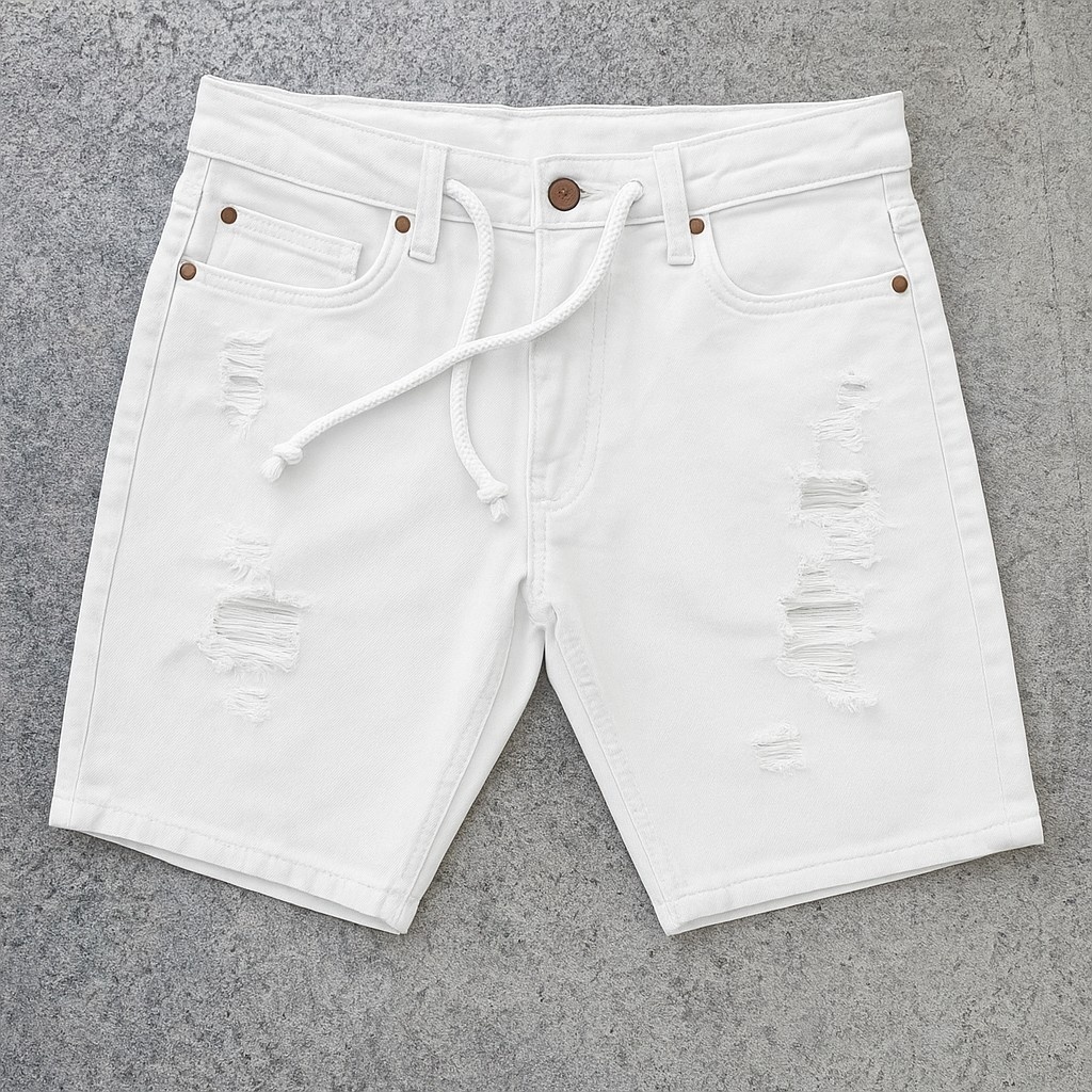 CELANA JEANS PENDEK PRIA ORIGINAL WARNA PUTIH BAHAN JEANS  PREMIUM SOBEK UKURAN 28 29 30 31 32 33