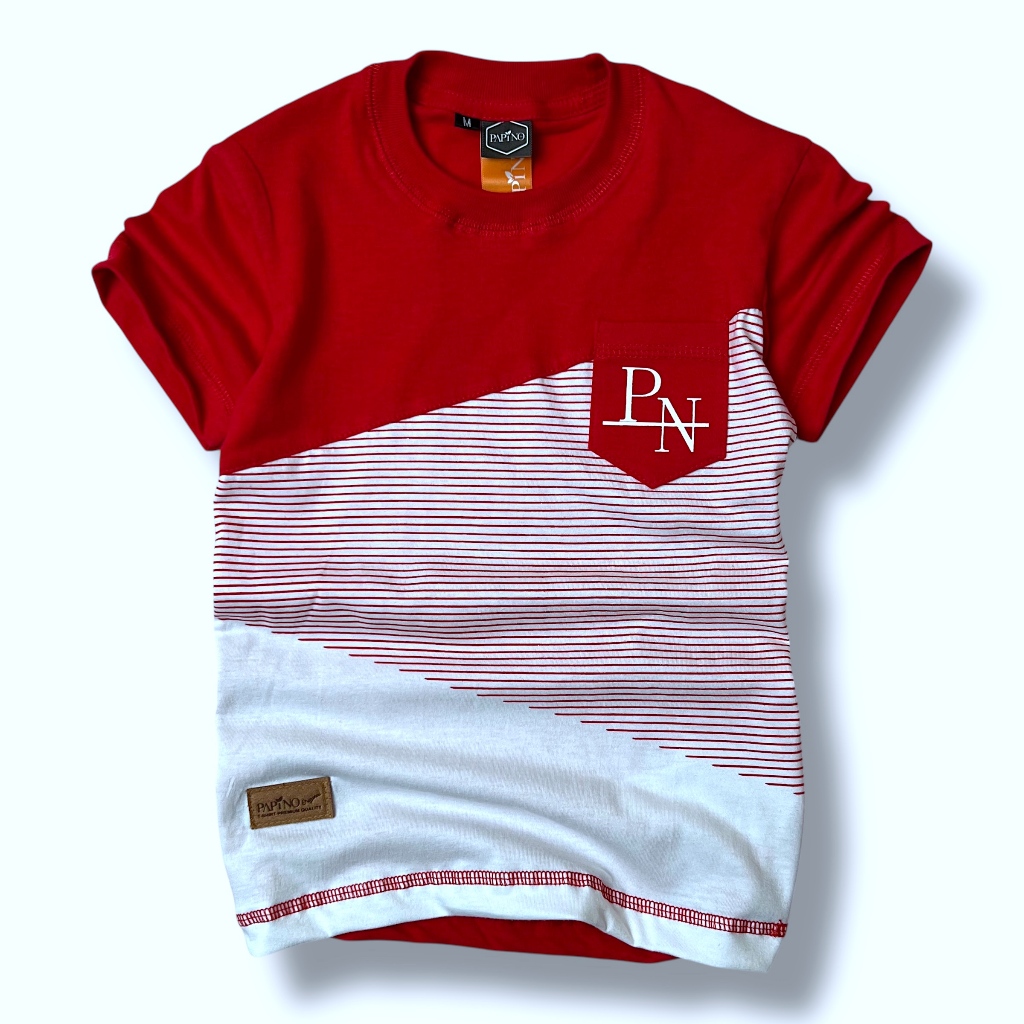 Baju Kaos Anak Laki Laki 1-12 Tahun Lengan Pendek Warna Merah-Putih Motif Garis-Garis Salur
