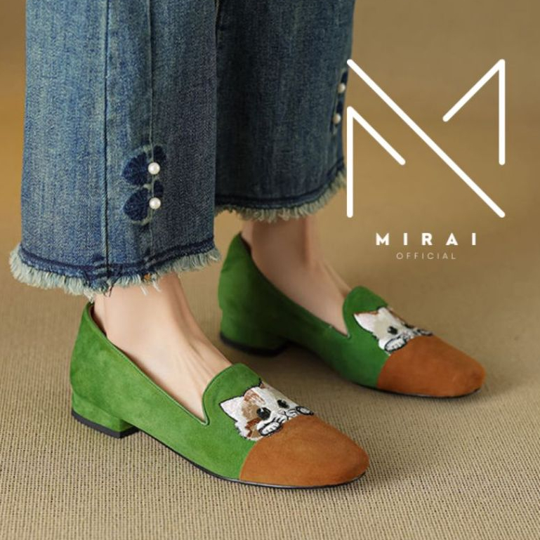 Flatshoes Lucu Wanita Suede Karakter Kucing Sepatu Kekinian Hijau Coklat 177