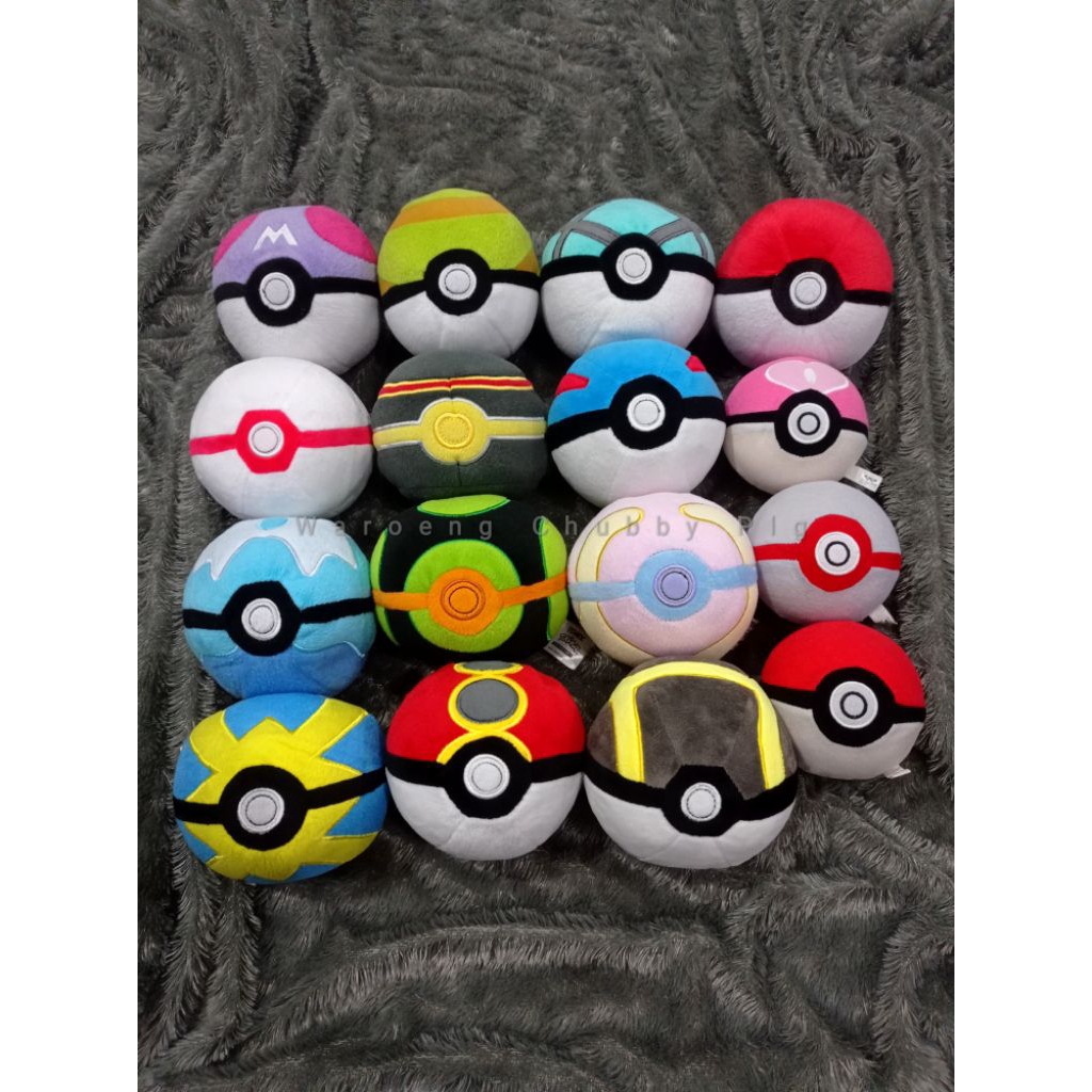 boneka bola pokemon pokeball, greatball, ultraball, masterball, premierball, nestball, repeatball, n