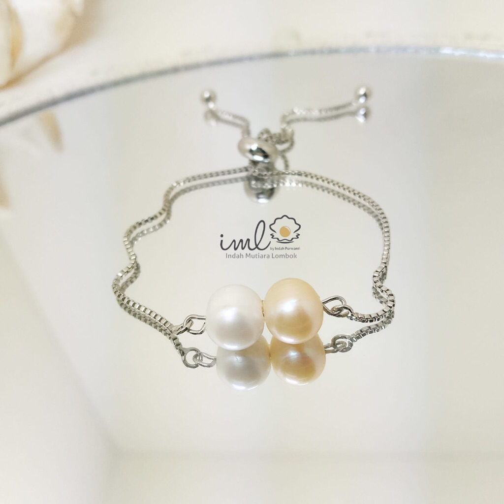 Gelang reizuka ari model serut bisa diadjust mutiara tawar warna putih dan peach
