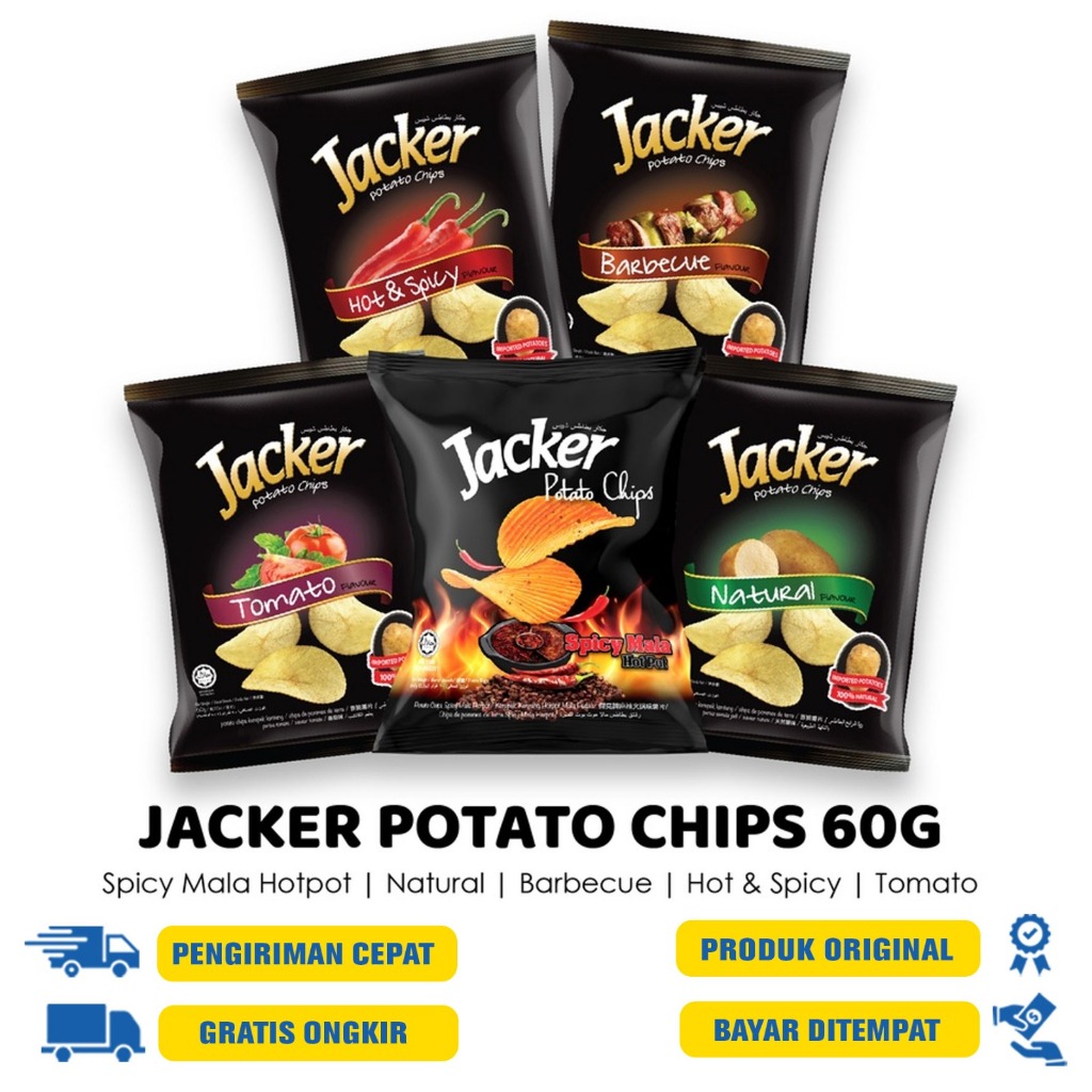 

Jacker Potato Crisps 60 G.R - Natural | Hot Spicy - Keripik Kentang Jacker Malaysia