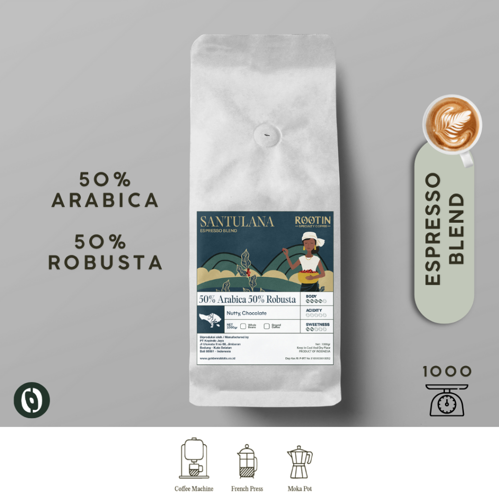 

Rootin Coffee Santulana Espresso Blend 50% Arabika 50% Robusta Beans Biji dan Bubuk Kopi / 1kg