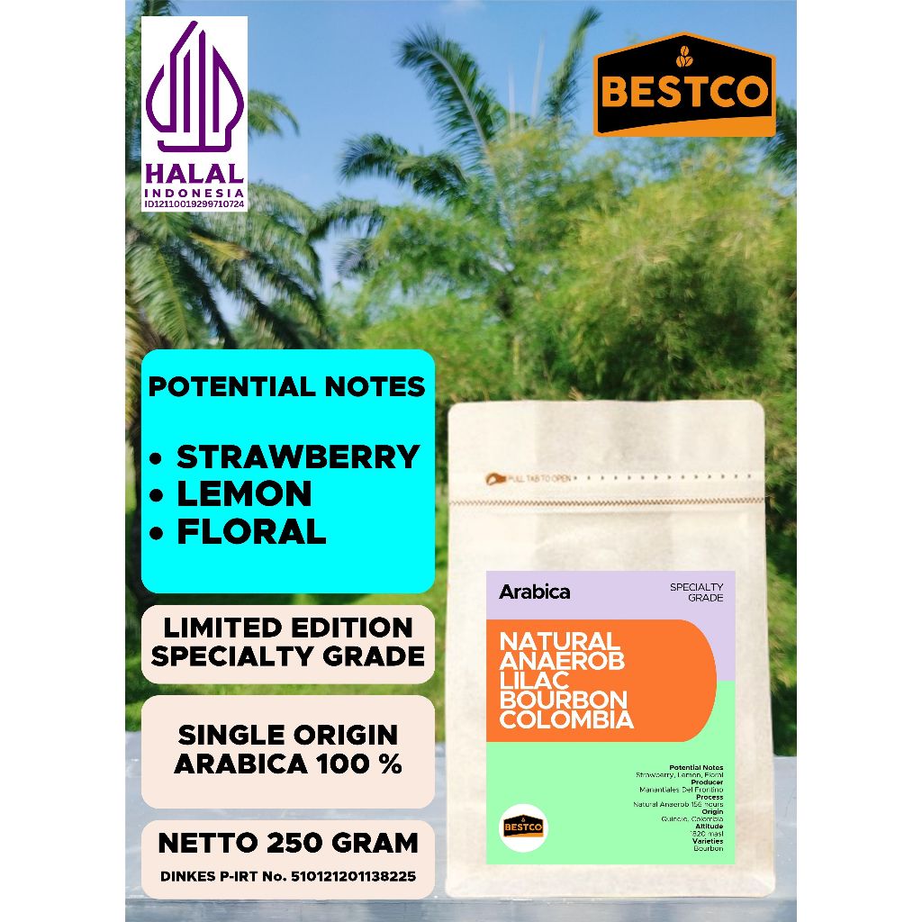

Kopi Bestco Specialty Arabica Natural Anaerob Lilac Bourbon Colombia 250 gr