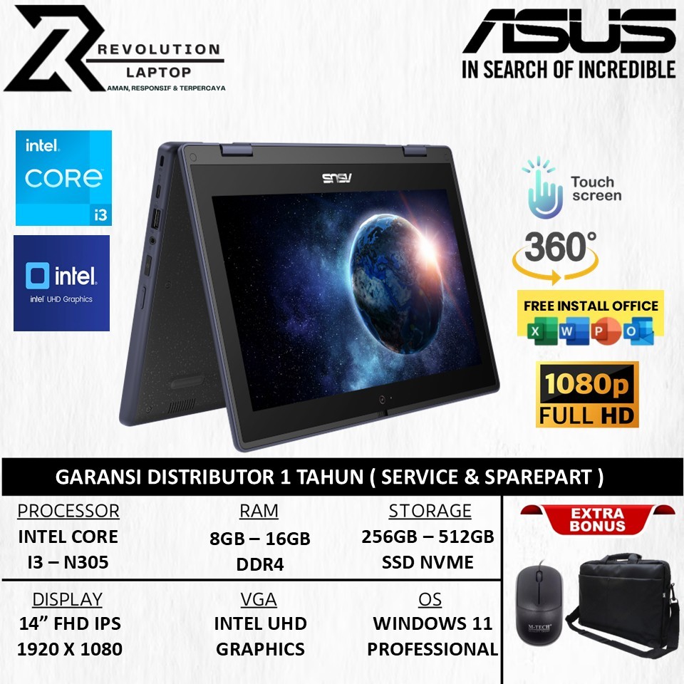 Laptop Flip Asus BR1402FGA P31T 2in1 Intel Core i3 N305 16GB 1TB 14 Inch FHD Stylus Pen Win 11 Home