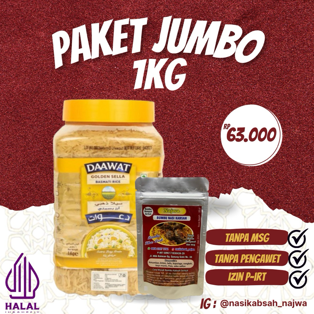 

paket jumbo 1kg - BASMATI DAAWAT 1 kg+ BUMBU INSTAN (kabsah/briyani/kebuli/bukhori/mandhi)