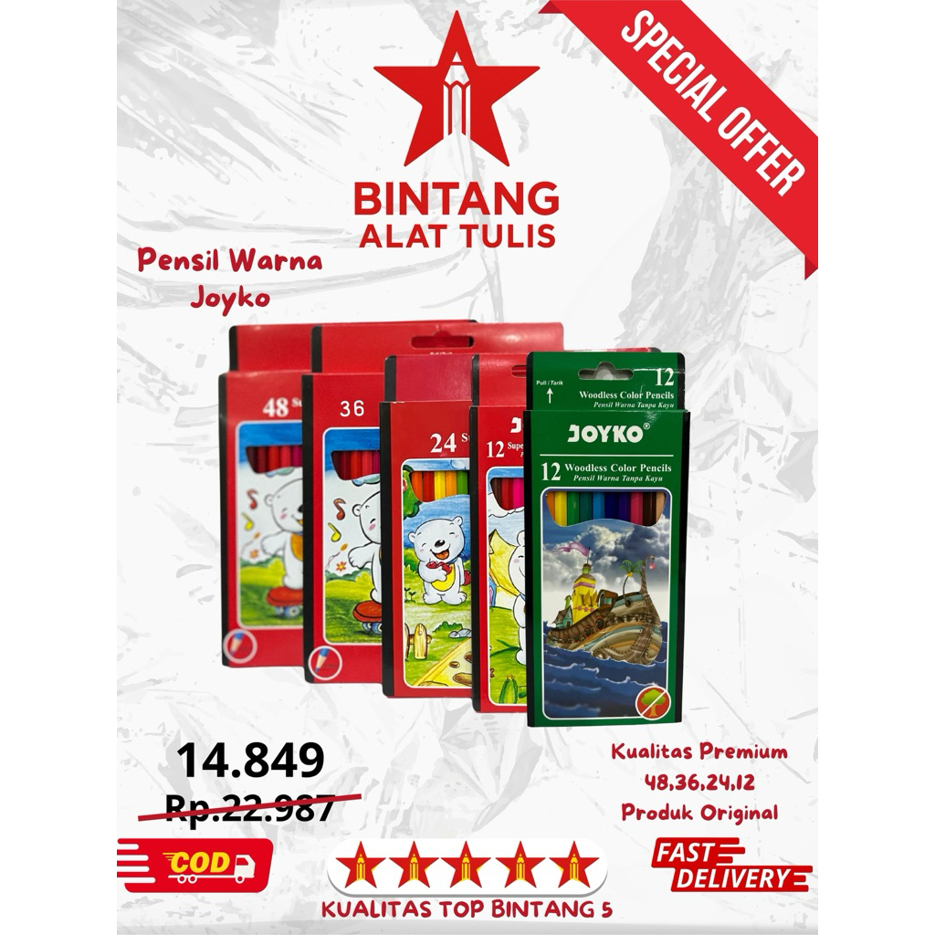 

Pensil Warna Joyko Original | Isi 12/24/36/48 + Woodless 12 Warna|, Pensil Warna Anak Sekolah