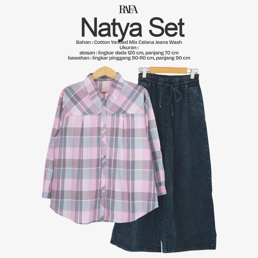 Setelan Kemeja Wanita Natya Set Bahan Katun Motif Kotak Celana Jeans Ukuran Jumbo LD 120 cm