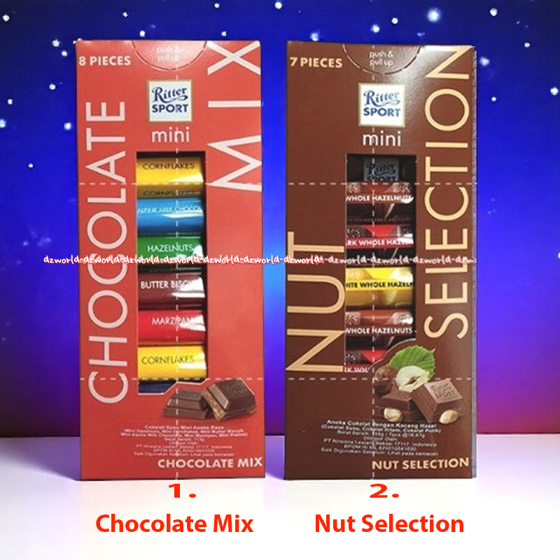 

Ritter Sport Mini Chocolate Mix Nut Selection Anaka Coklat dengan Kazang Hazel Cokelat Susu Mini Aneka Rasa Mix Campur Rittersport Riter Sport