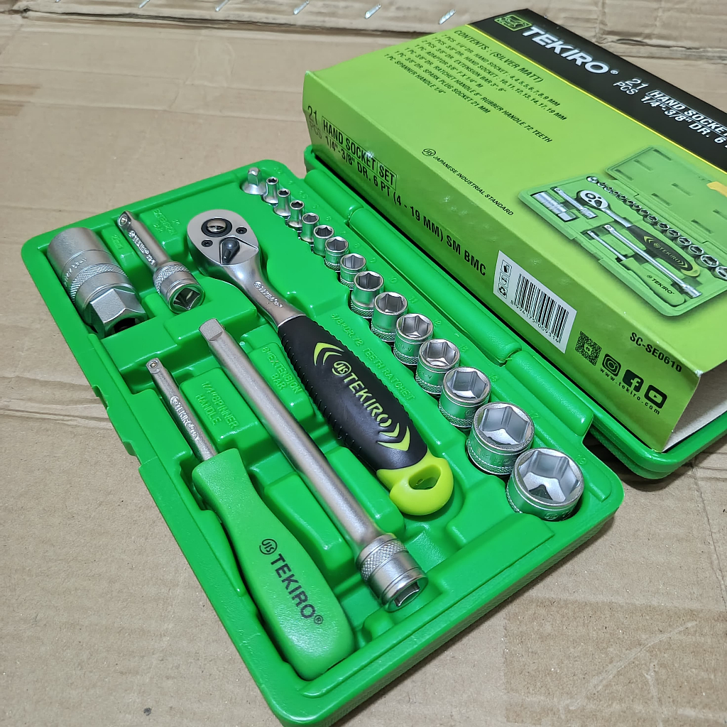 Tekiro kunci shock set 21 pcs 6pt 3/8-1/4 Gagang ratchet / Kunci pas 1 set lengkap