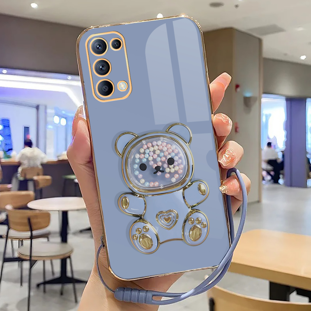 Soft Case Oppo Reno 5 Case Stand Holder Cute Bear Silicone Luxury Plating