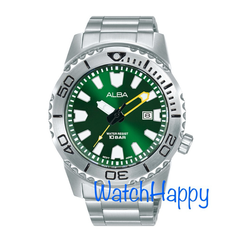 JAM TANGAN ANALOG PRIA ALBA AG8M05X1 / AG8M05 / AG8M05X GREEN DIAL QUARTZ MOVEMENT MODEL MONSTER SIL