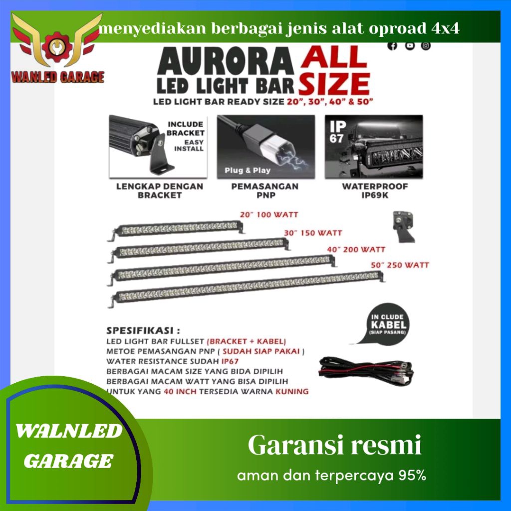 AURORA Putih 30" Single Row LED 100 Watt Panjang 80 cm Light Bar Work Light Lampu Tembak ...