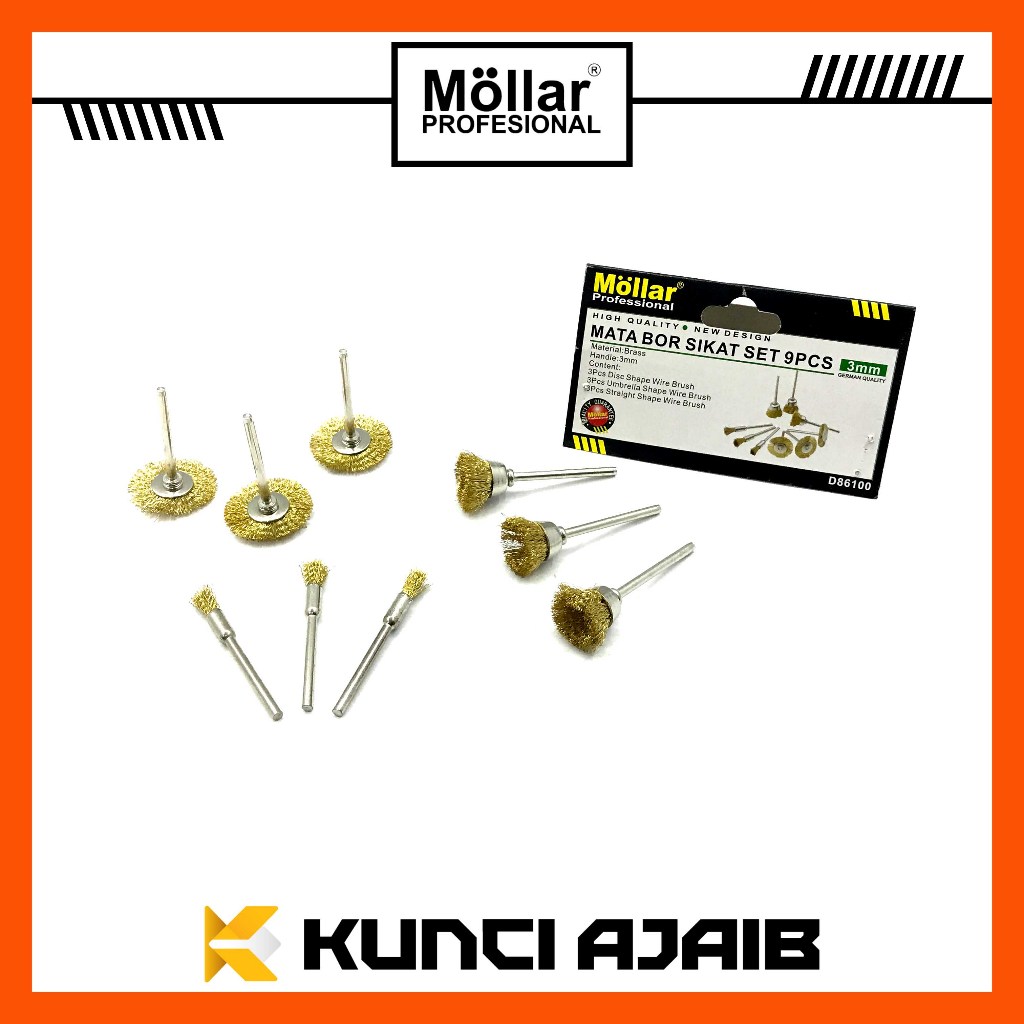 MOLLAR D86100 Mata Bor Sikat Set 9 Pcs - Mata Tuner Mini Die Grinder Kawat Kuningan Wire Brush