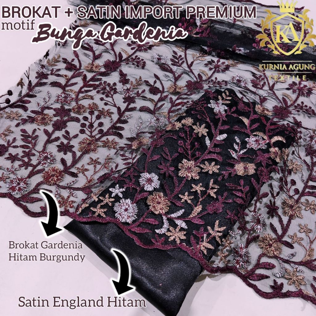 1/2 meter Kain Brokat Brukat Bordir Tile Prancis Warna HITAM BURGUNDY Motif Bunga Gardenia Multicolo